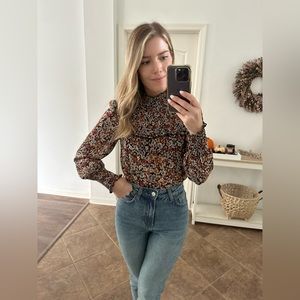 Dynamite Floral High-Neck Long-Sleeve Blouse in Rust, Black & Cream